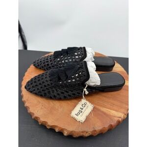 Rag & Co Miriam Mules Women 10 Black Crochet Tassel Pointed Toe Flat Slides